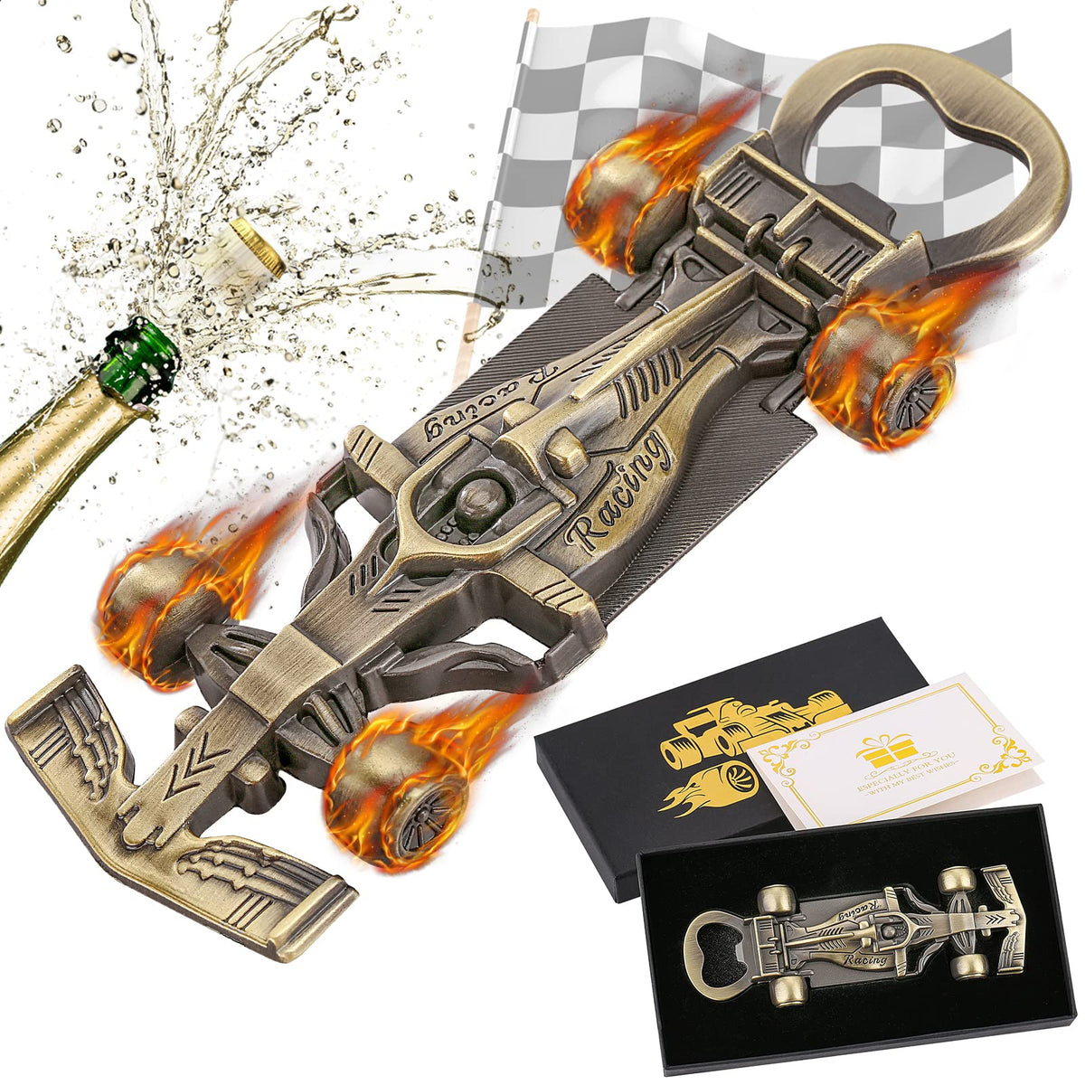 LKKCHER racing car bottle opener close-up shows chrome finish for durable use
