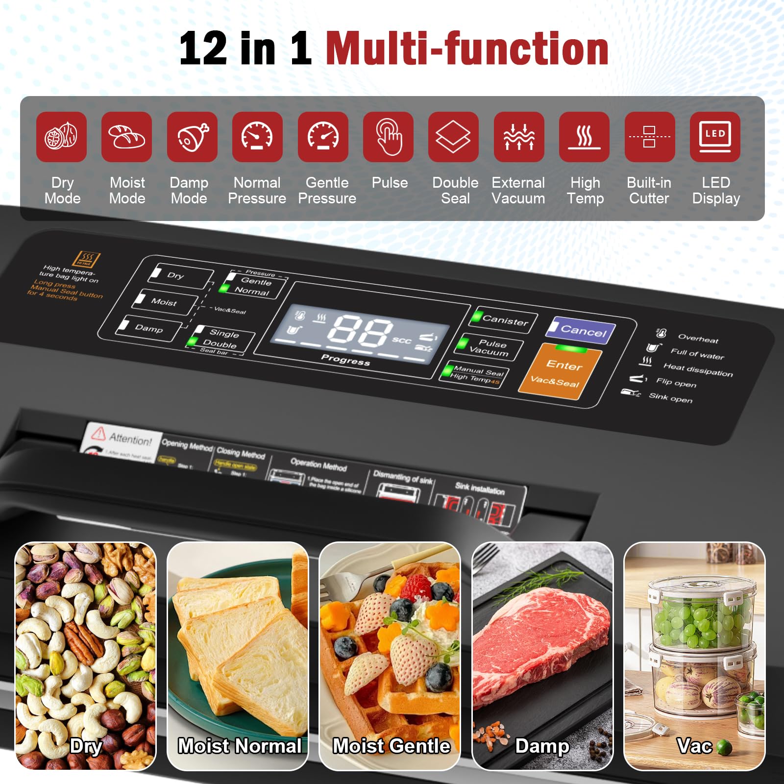 LKKNC vacuum sealer quick-seal function showcases rapid preservation for bulky items.
