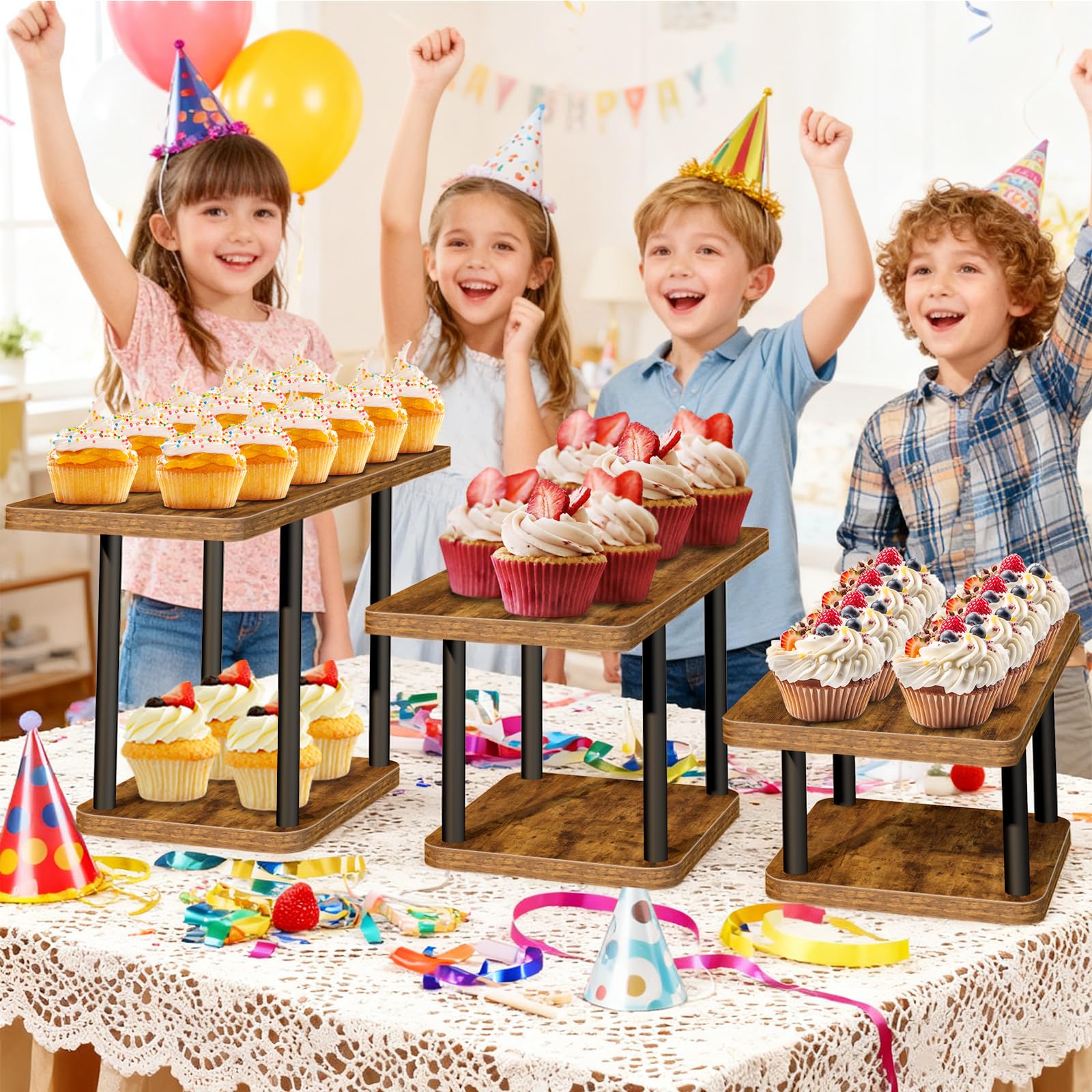 LLAXERGU Cupcake Stand sturdy construction emphasizes stability for multi-tier displays.