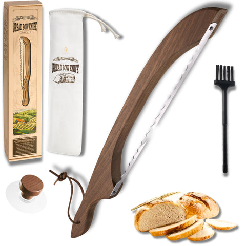 LLOTUS bread knife with wooden bow design for precise sourdough slicing.