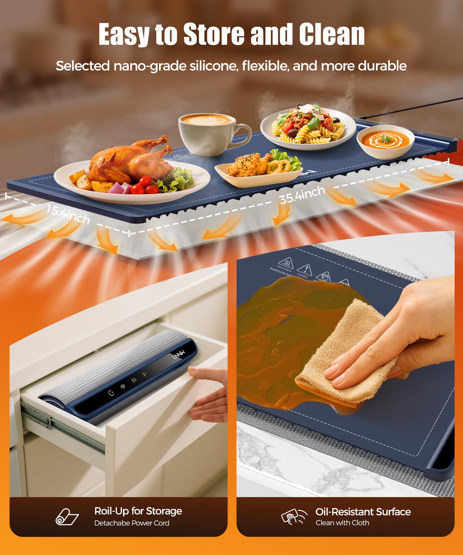 LNNIW warming surface safely supports glassware, ceramic plates, and stainless steel.