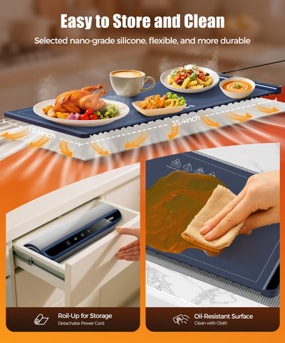 LNNIW warming surface safely supports glassware, ceramic plates, and stainless steel.