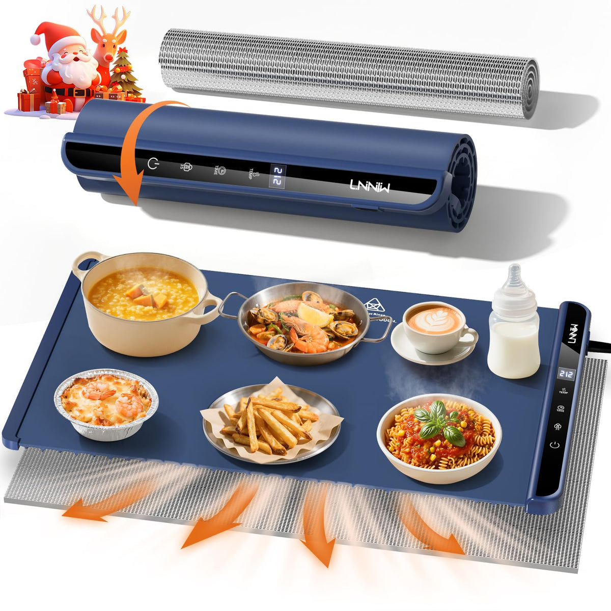 LNNIW food warming mat on table with heat-resistant pad protecting surfaces.