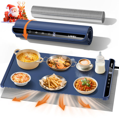 LNNIW food warming mat on table with heat-resistant pad protecting surfaces.