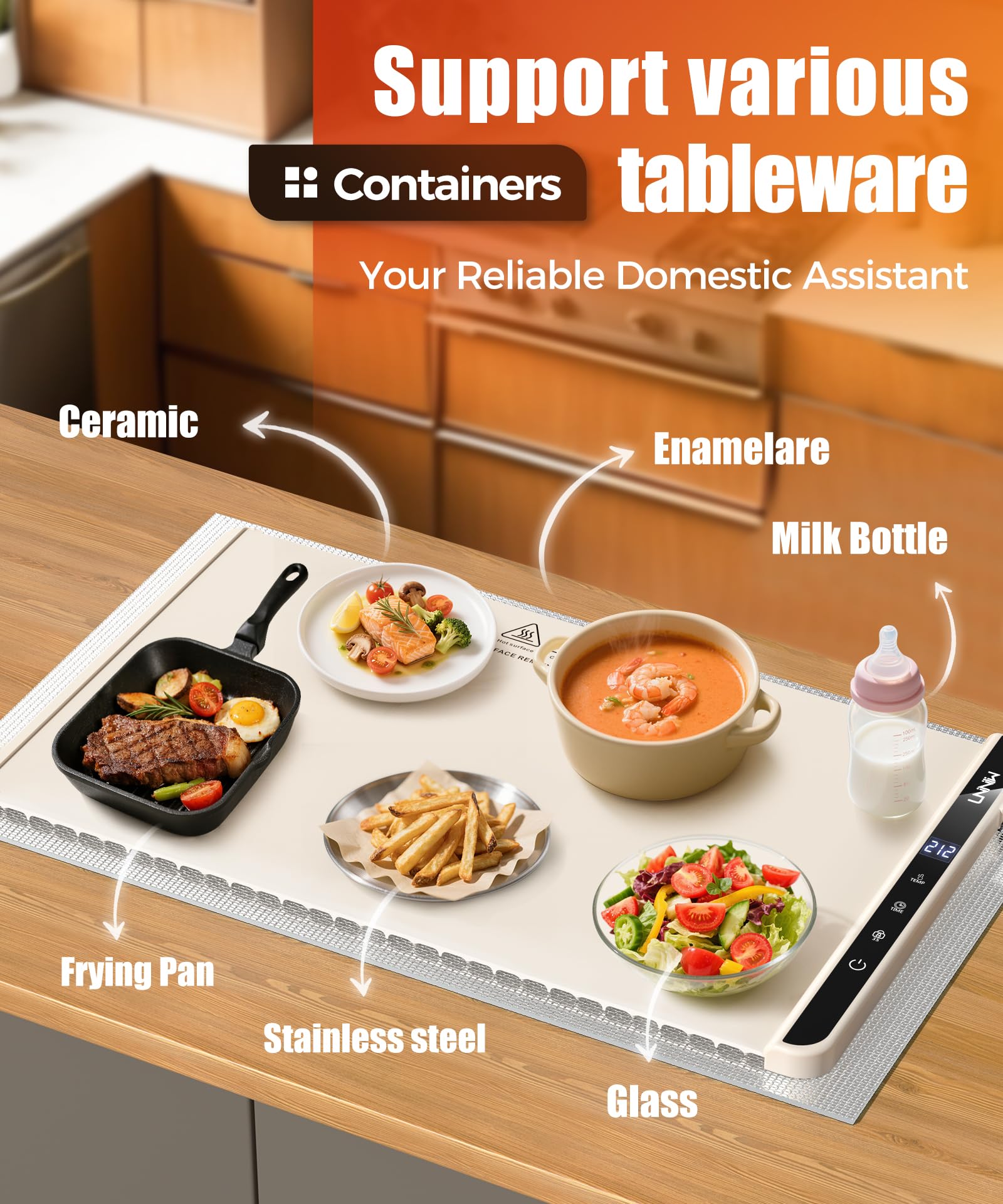 LNNIW warming mat safely accommodates glass, ceramic, and stainless dishes.