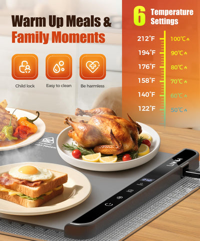 LNNIW Food Warming Mat shows timer settings for longer meals