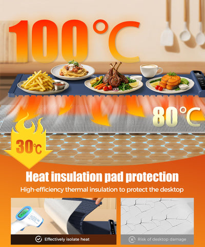 LNNIW warming mat showing 6 temperature settings for precise serving warmth.