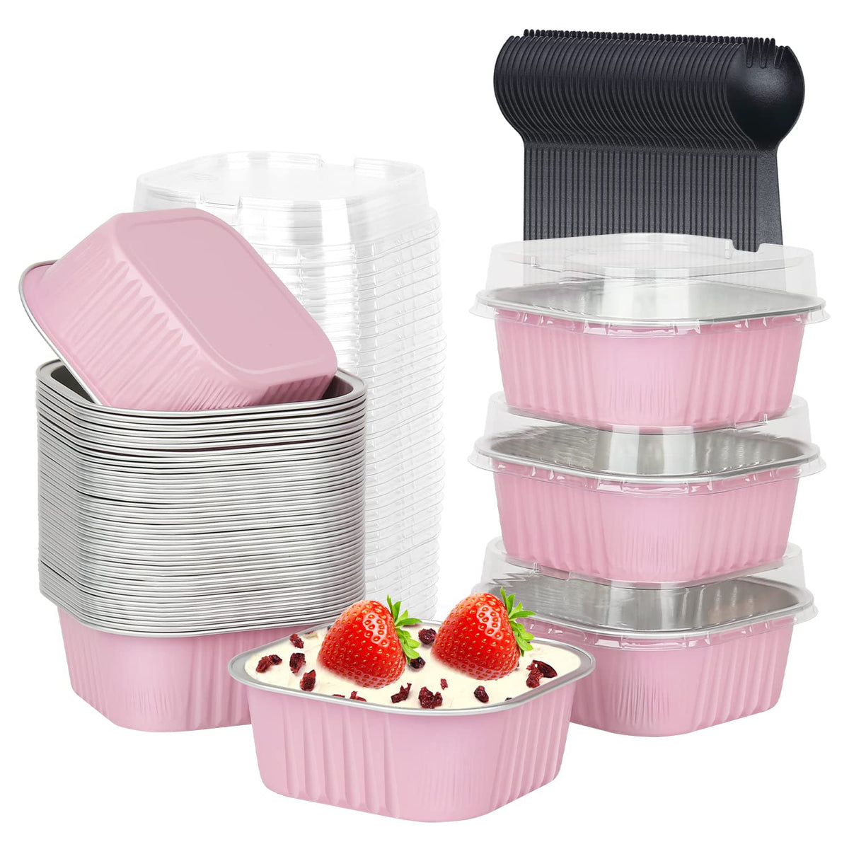 LNYZQUS 10oz mini cake pans with pink lids, ideal for portioned desserts.