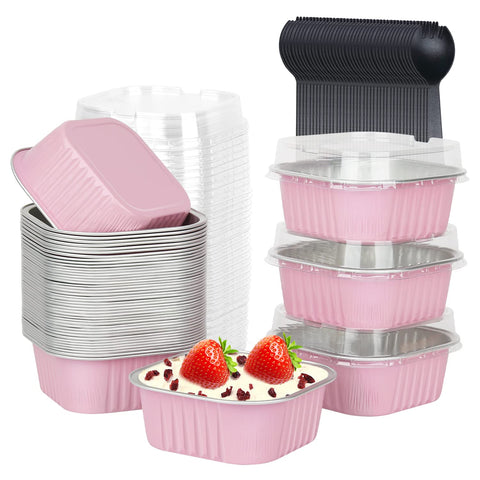 LNYZQUS 10oz mini cake pans with pink lids, ideal for portioned desserts.