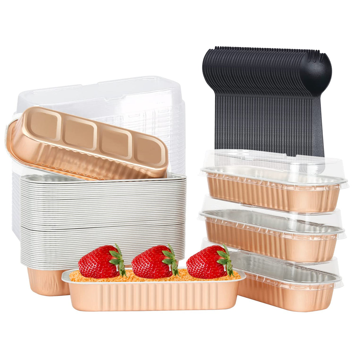 LNYZQUS disposable mini cake pans with lids in a 50-pack for easy portioned desserts.