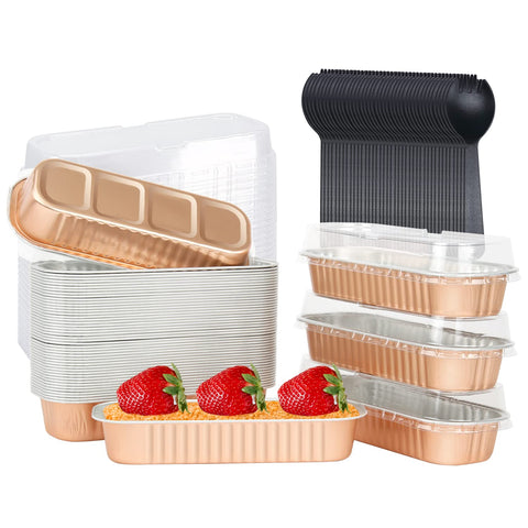 LNYZQUS disposable mini cake pans with lids in a 50-pack for easy portioned desserts.