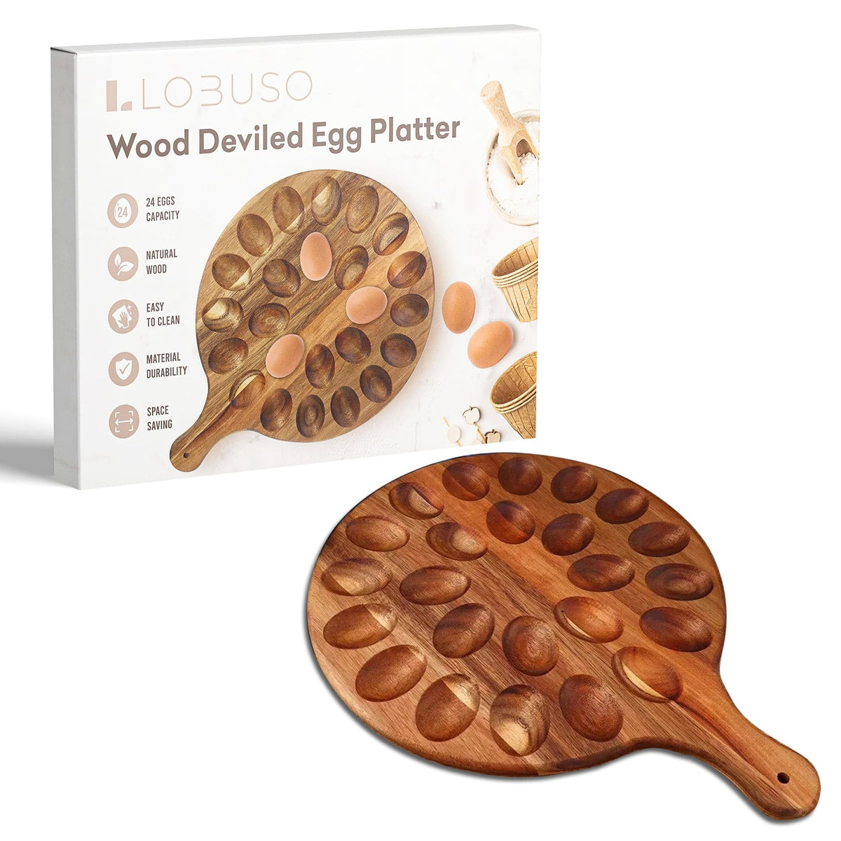 LOBUSO wooden deviled egg tray with 24-slot design for organized party prep and display.