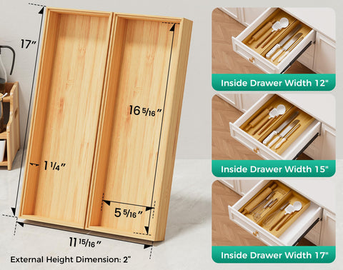 Lochantie Bamboo Dividers Stackable Setup shows flexible fits for any drawer.