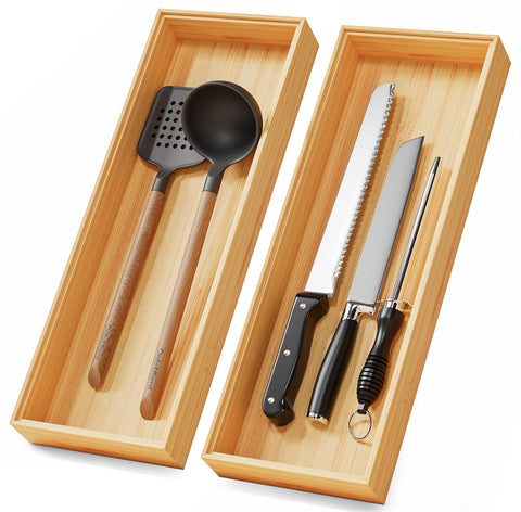 Lochantie Long Bamboo Drawer Organizer 17x6 inches highlights spacious storage for silverware.