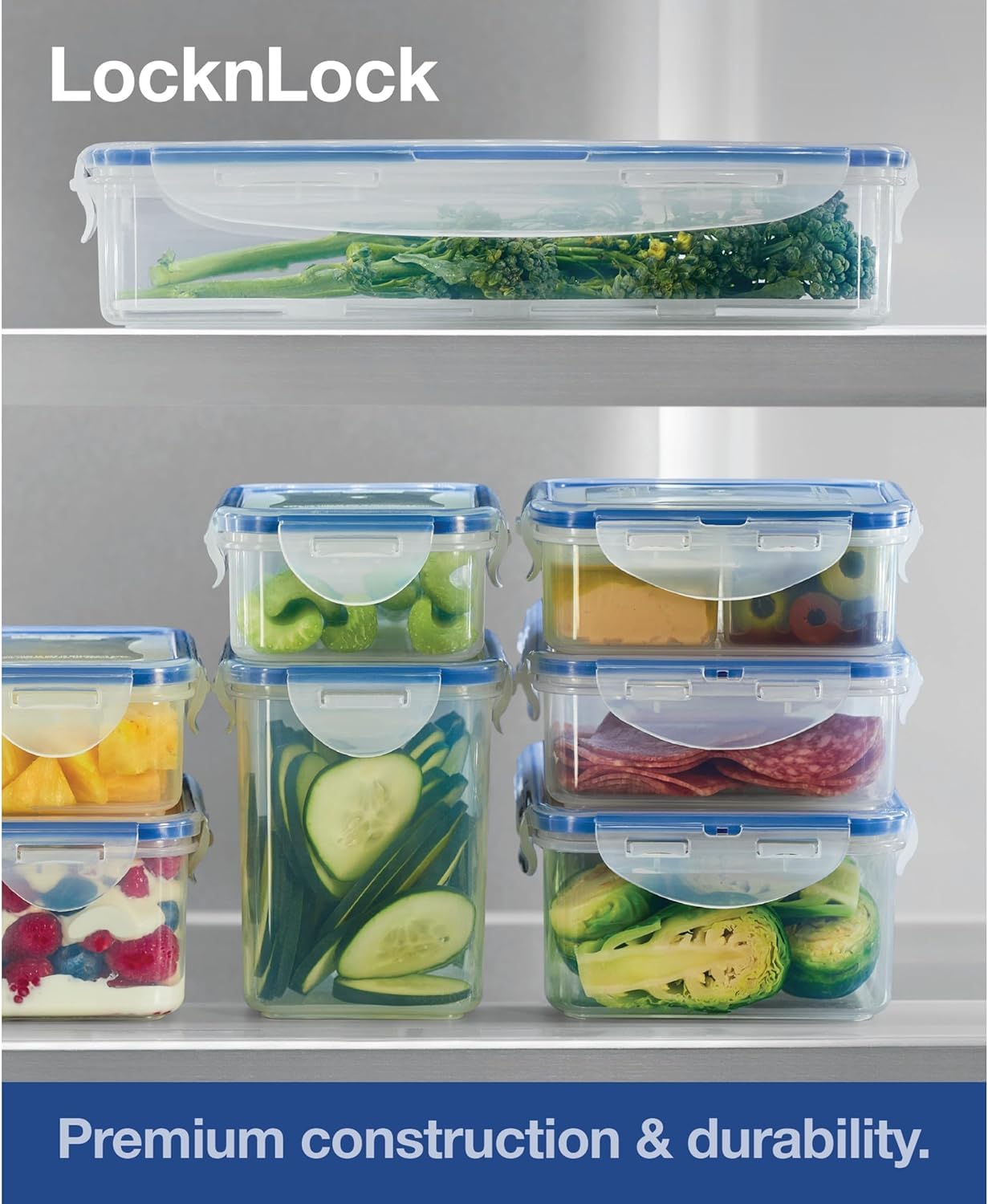 LocknLock fridge storage keeps cereals and leftovers neatly organized.