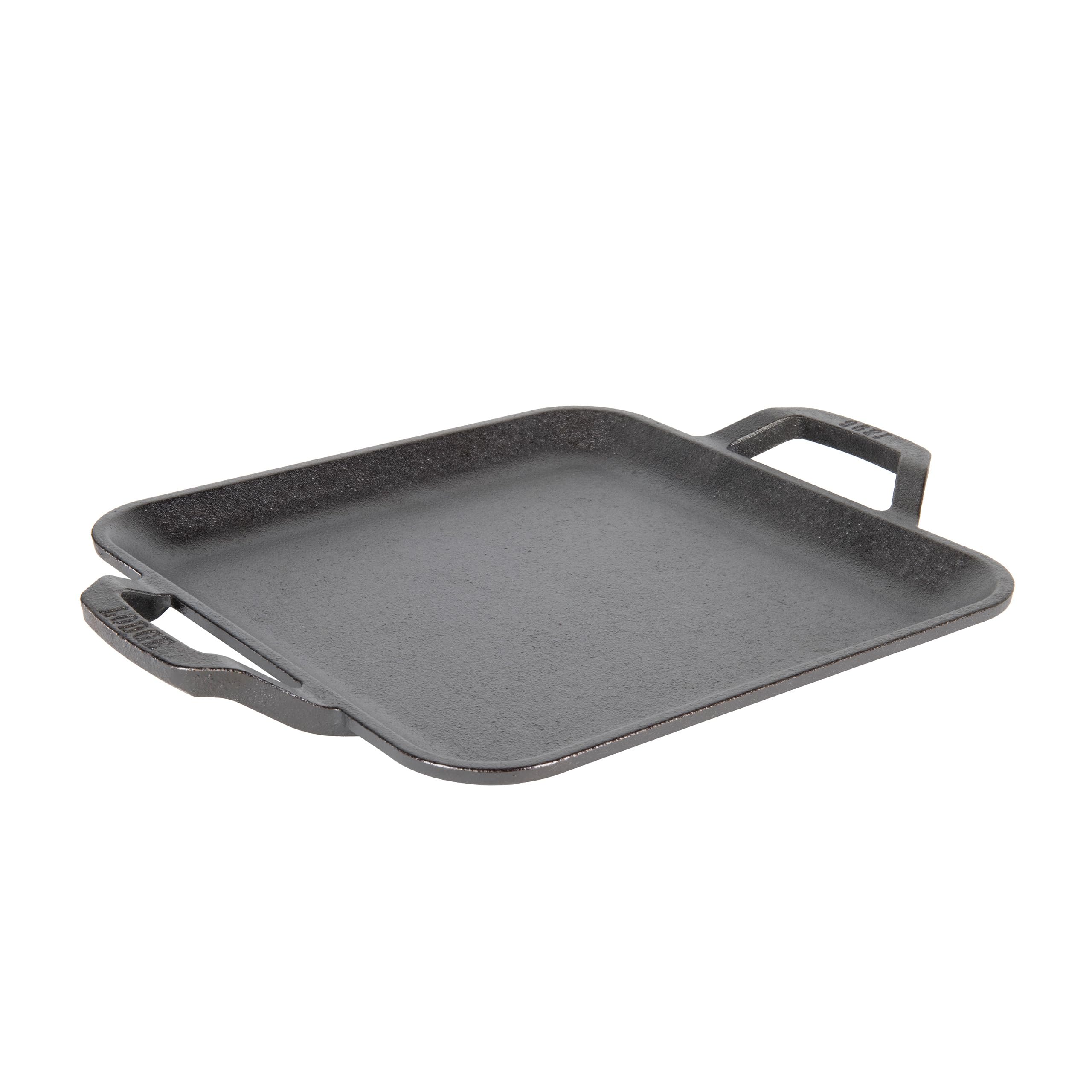 Lodge 11-inch square griddle top view showing even heat and versatility.