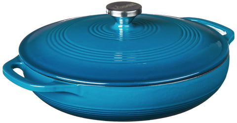 Lodge 3.6 qt enameled cast iron casserole with lid in cornflower blue for even heating