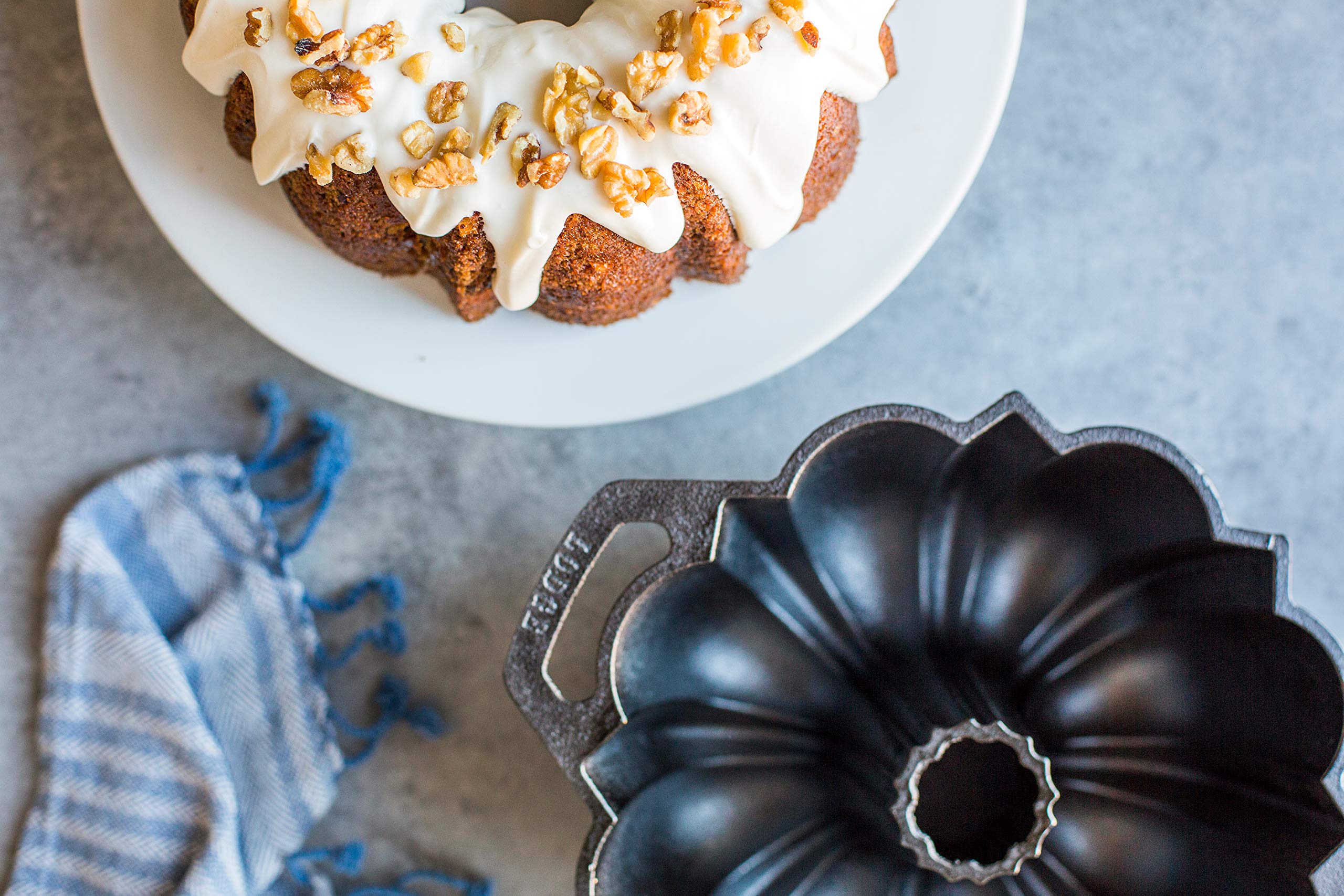 Lodge cast iron fluted cake pan after bake, ready to serve showstopper slices