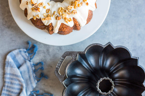 Lodge cast iron fluted cake pan after bake, ready to serve showstopper slices