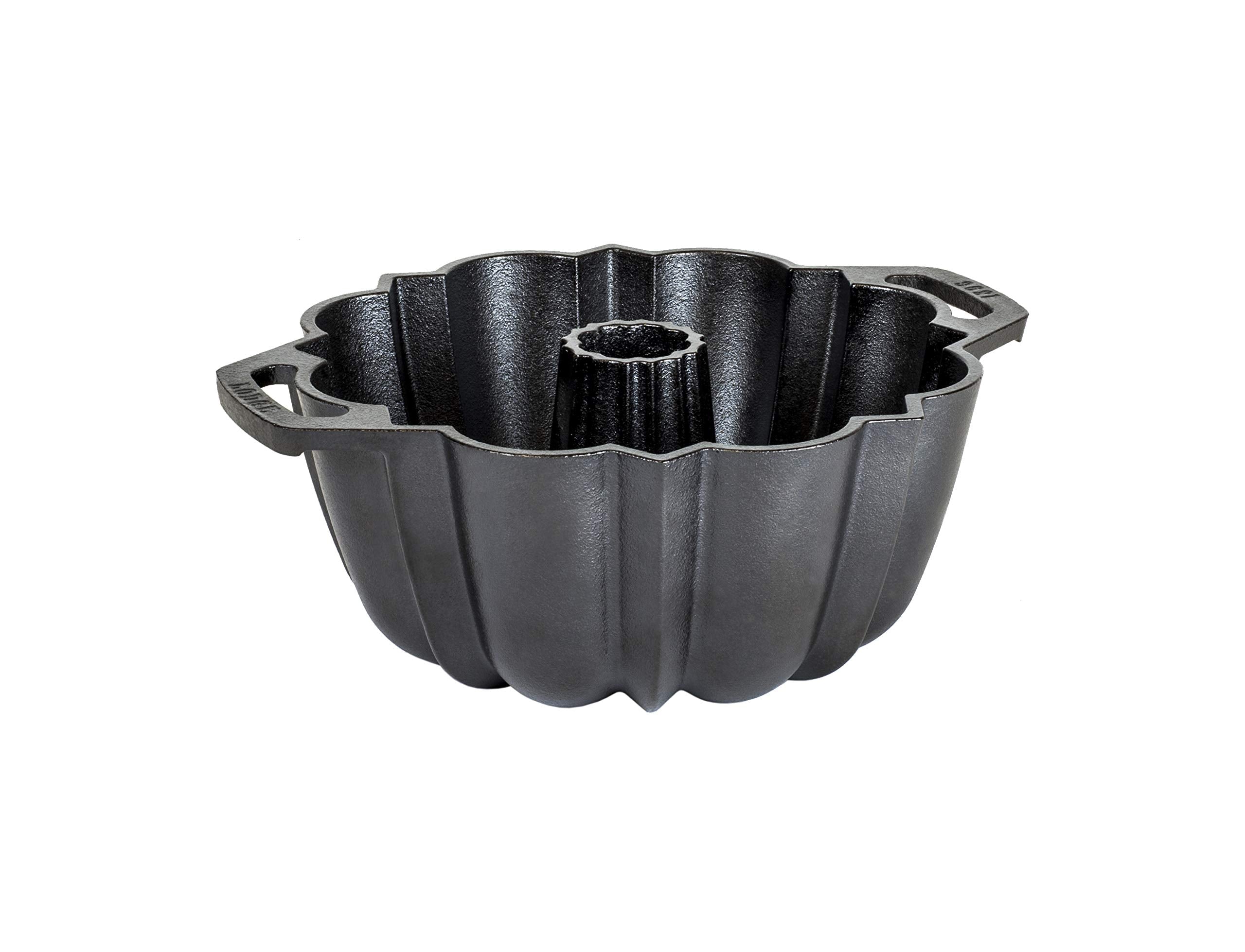 Lodge cast iron fluted cake pan with full setup, shows even bake potential