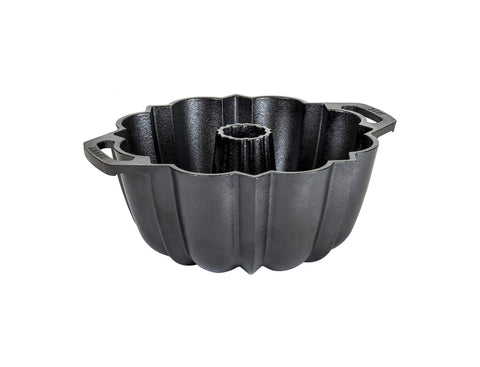 Lodge cast iron fluted cake pan with full setup, shows even bake potential