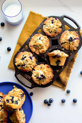Lodge cast iron muffin pan 6-well close-up shows crisp crust and even browning.