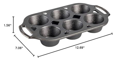 Lodge cast iron muffin pan 6-well seasoned-vegetable-oil highlights pre-seasoned coating.