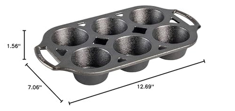 Lodge cast iron muffin pan 6-well seasoned-vegetable-oil highlights pre-seasoned coating.