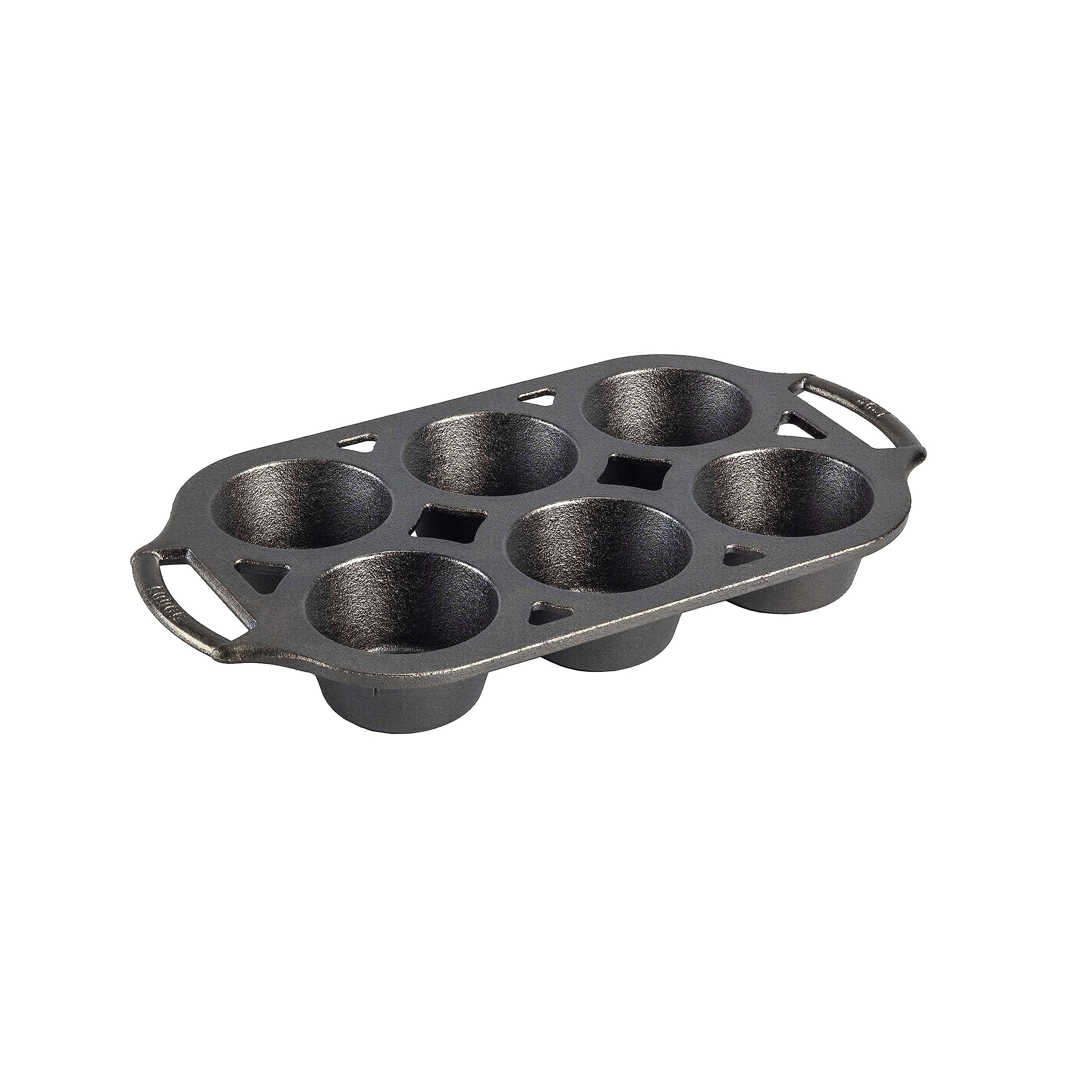 Lodge cast iron muffin pan 6-well top view highlighting even heat distribution for consistent bakes.