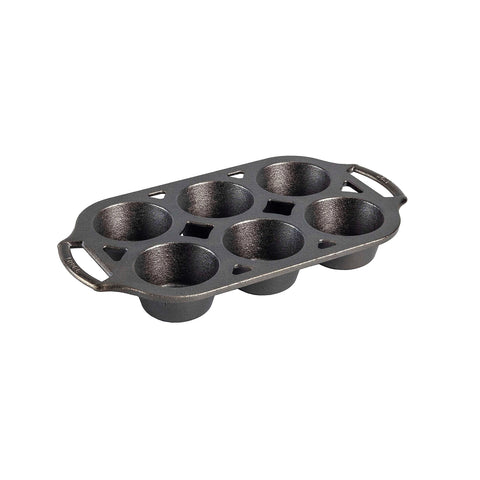 Lodge cast iron muffin pan 6-well top view highlighting even heat distribution for consistent bakes.