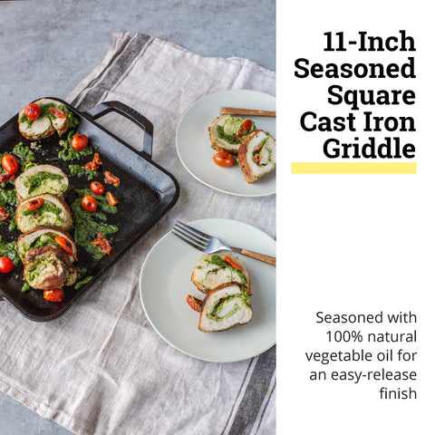 Lodge cast iron square griddle on stovetop for indoor cooking.