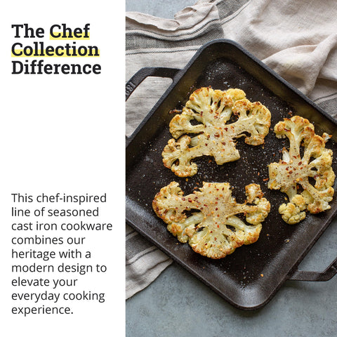 Lodge cast iron square griddle ready for oven or grill use.