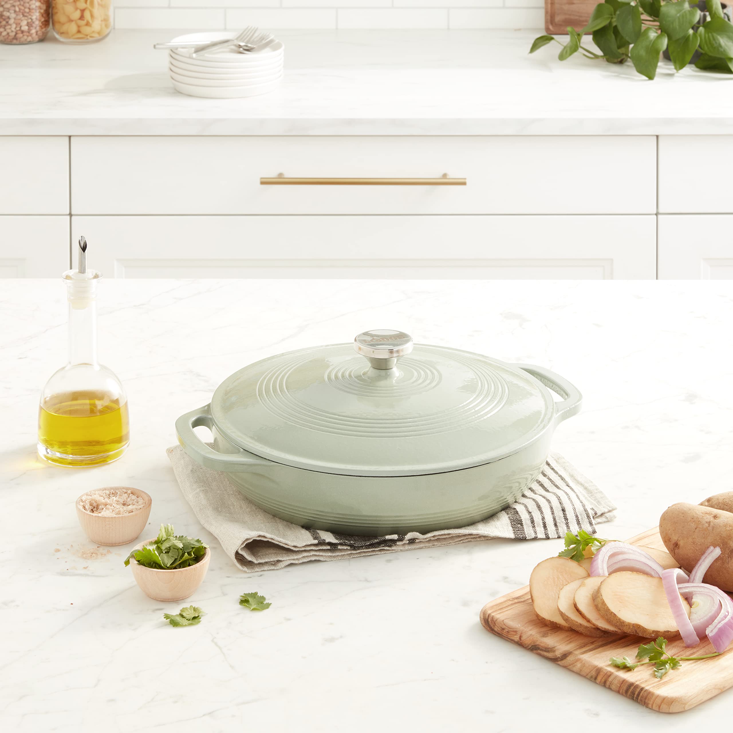 Lodge Desert Sage casserole with dual handles for easy carrying.