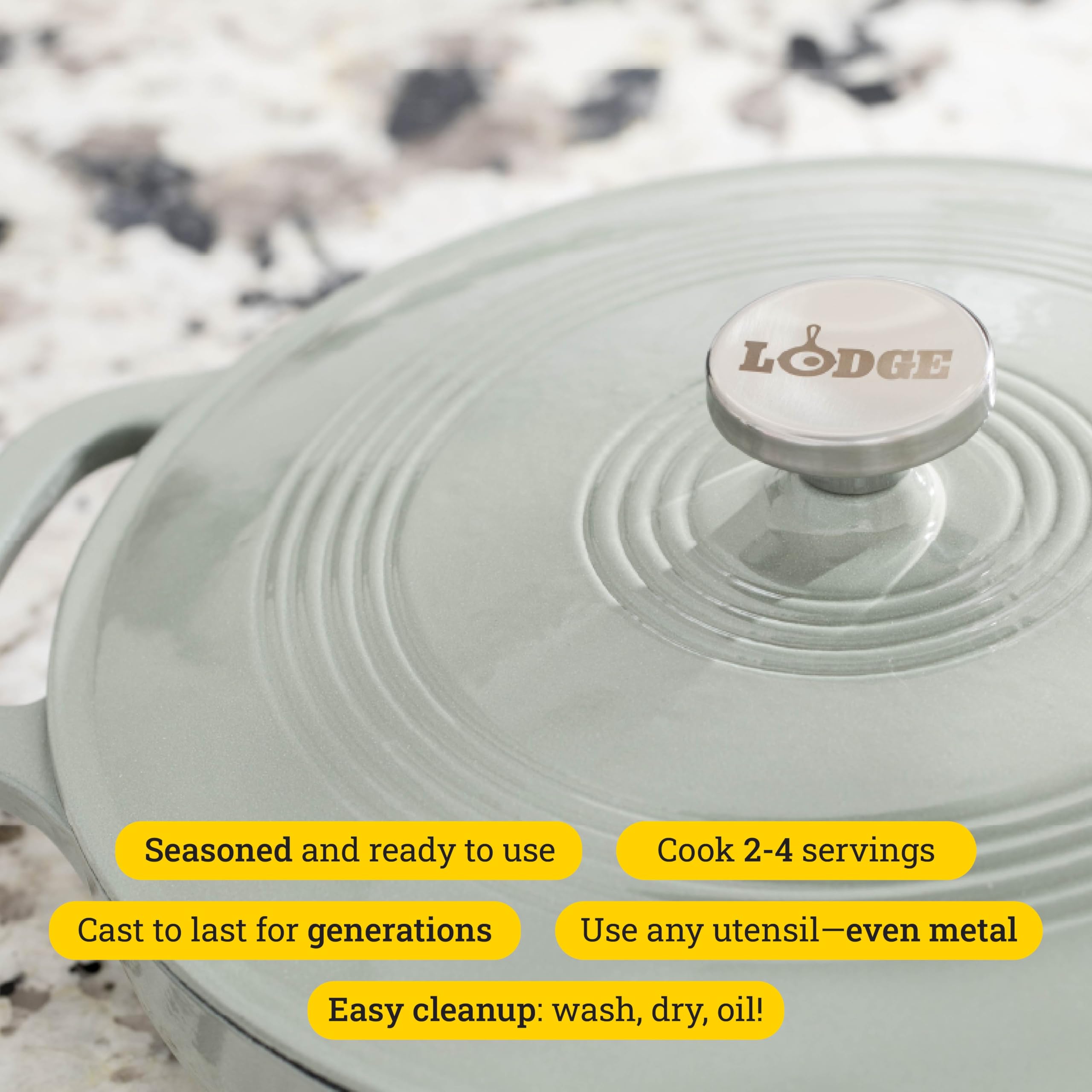 Interior enamel of Lodge Desert Sage promotes easy release and cleaning.