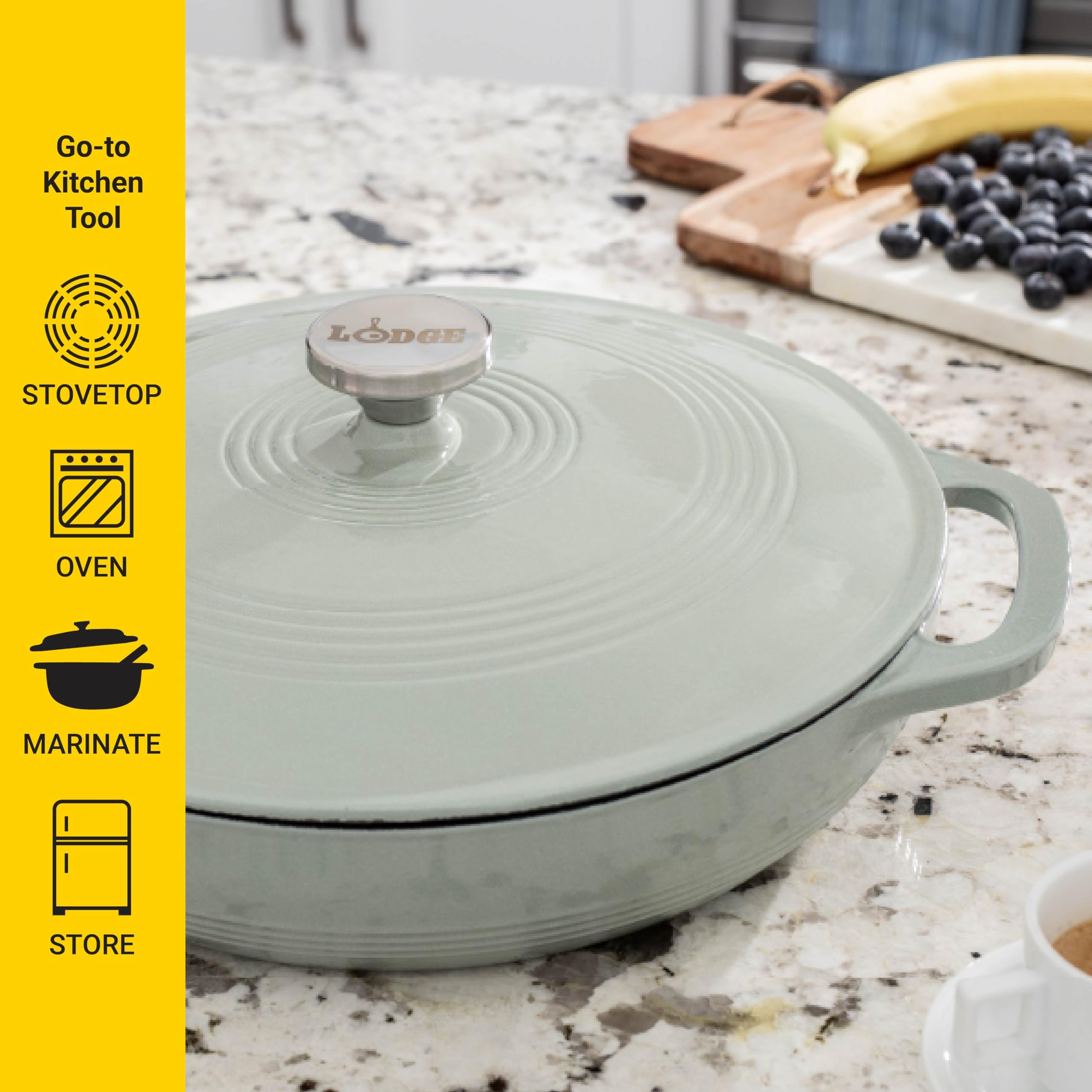 Oven-safe Lodge Desert Sage casserole up to 500°F for versatile cooking.