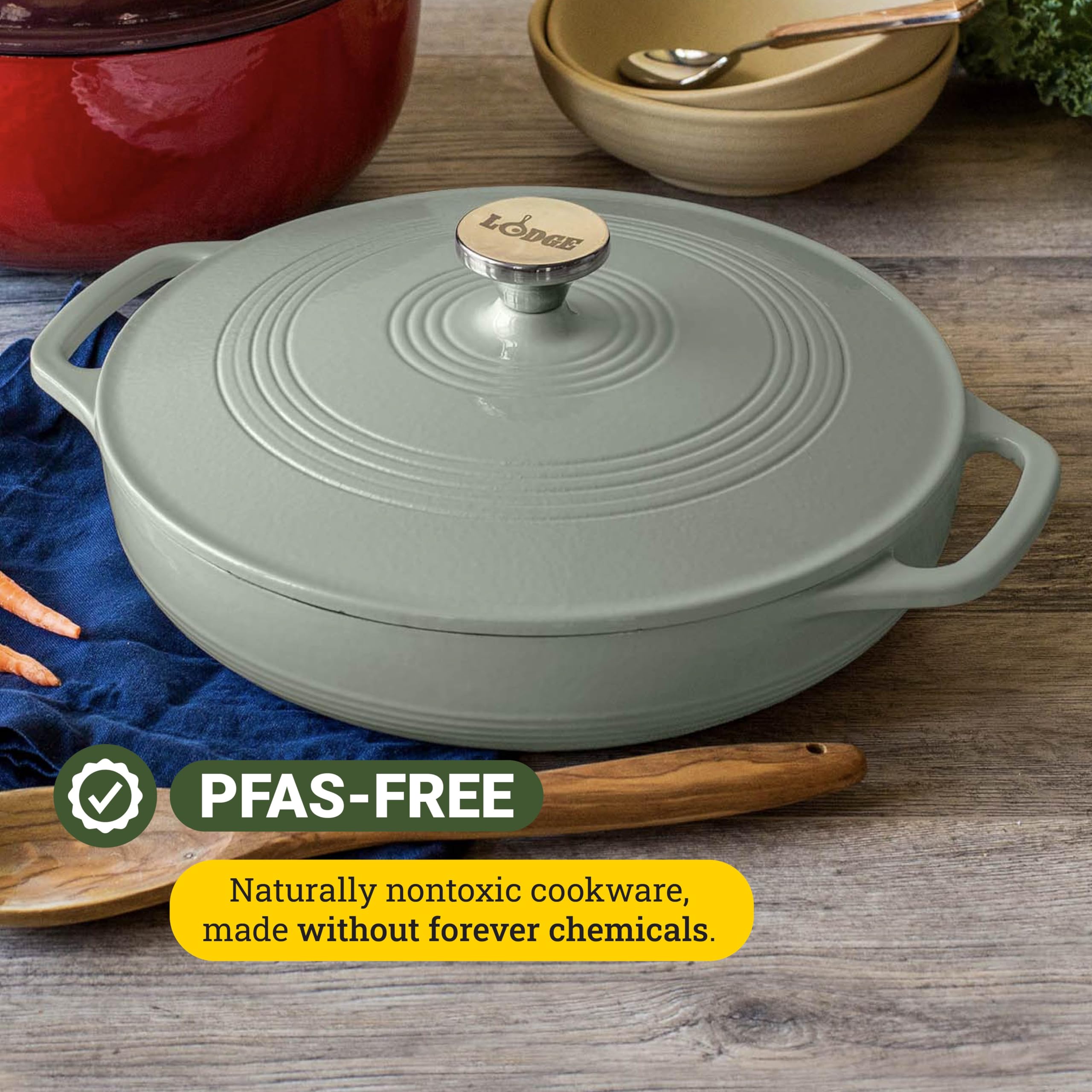 Porcelain enamel finish on Lodge Desert Sage provides a non-reactive surface.