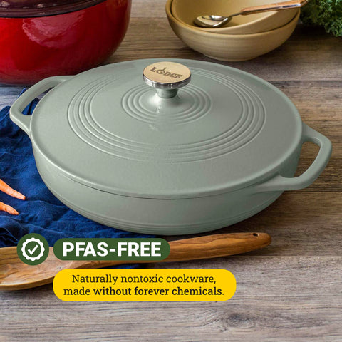 Porcelain enamel finish on Lodge Desert Sage provides a non-reactive surface.