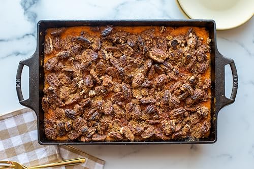 Lodge pan delivers edge-to-edge baking for uniform results.