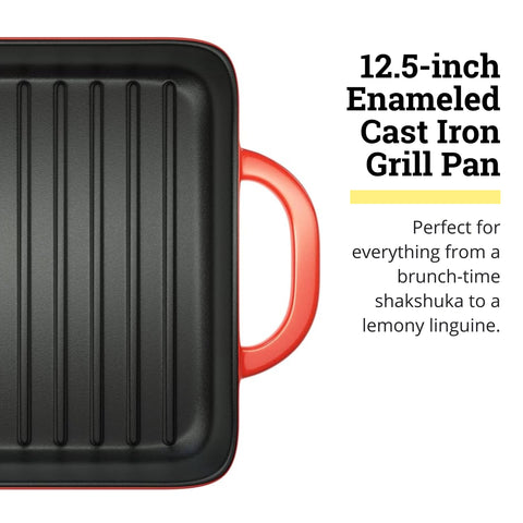 Lodge enamel grill pan with dual assist handles for easy lifting and maneuvering.