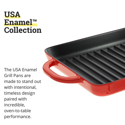 Lodge enamel grill pan on grill, offering authentic marks and great heat retention.