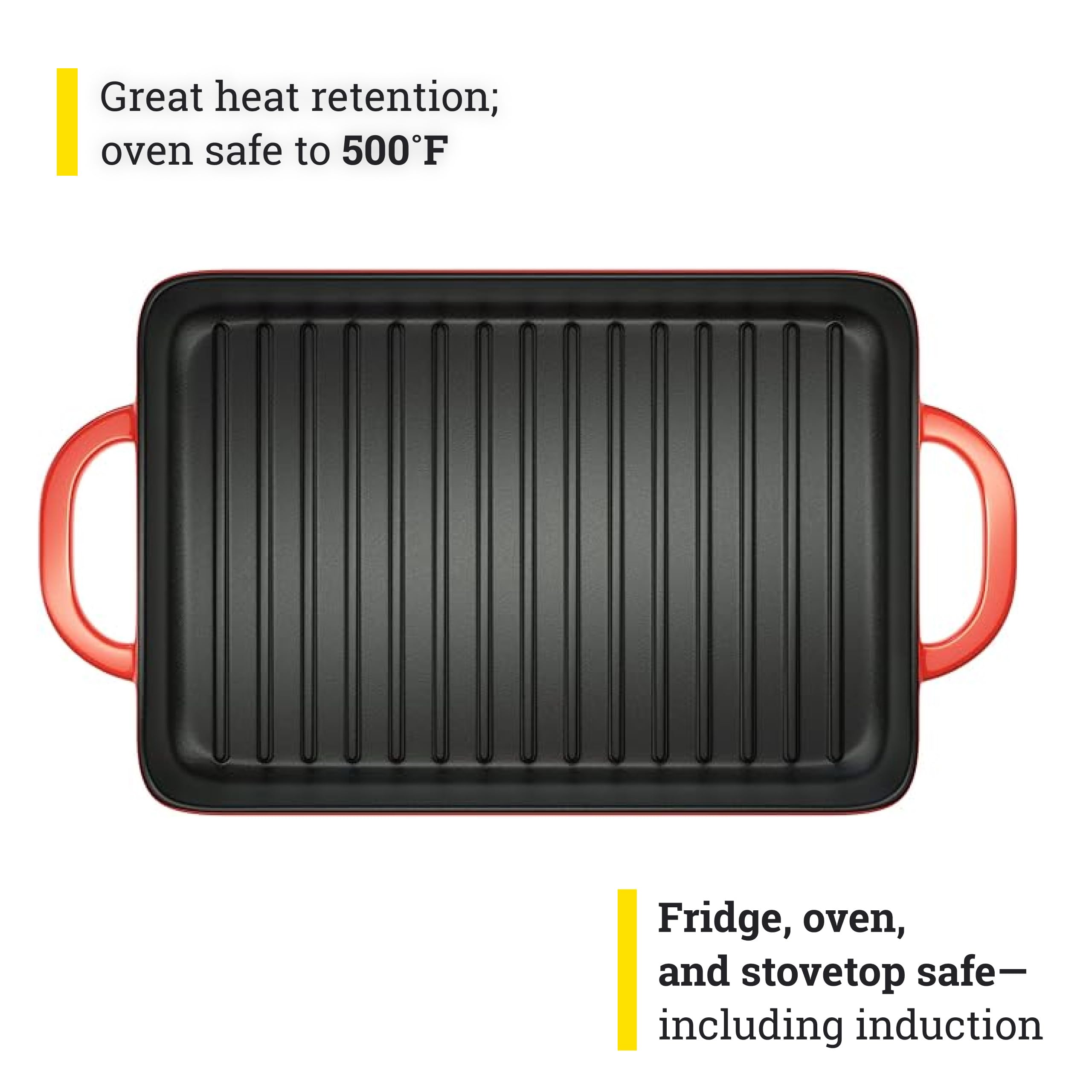 Lodge enamel grill pan on stovetop for searing and pan-frying.