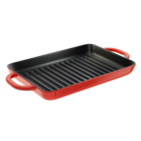 Lodge enamel grill pan top view showing red finish and sturdy build for even heating.