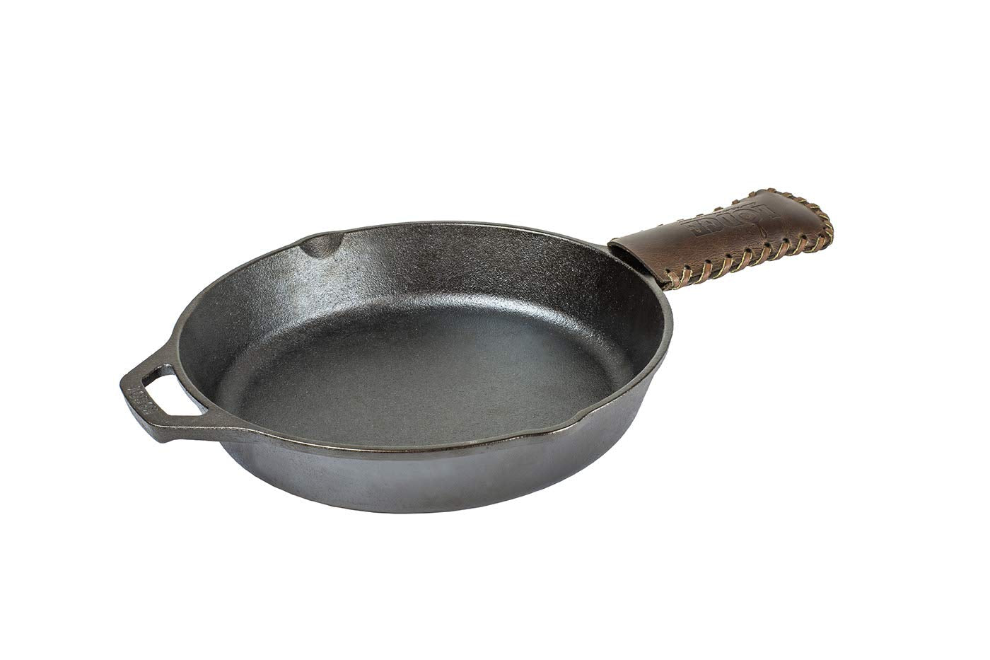 Lodge Nokona leather hot handle holder in use with cast iron skillet on stove