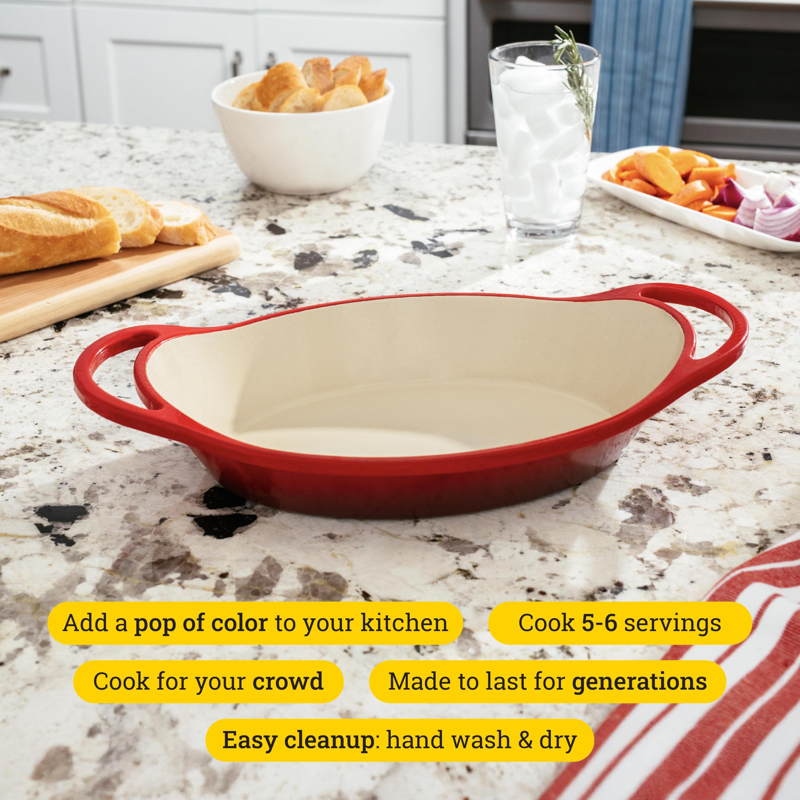 Lodge oval casserole red with dual handles, close-up, durable enamel for easy cleanup.