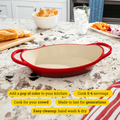 Lodge oval casserole red with dual handles, close-up, durable enamel for easy cleanup.