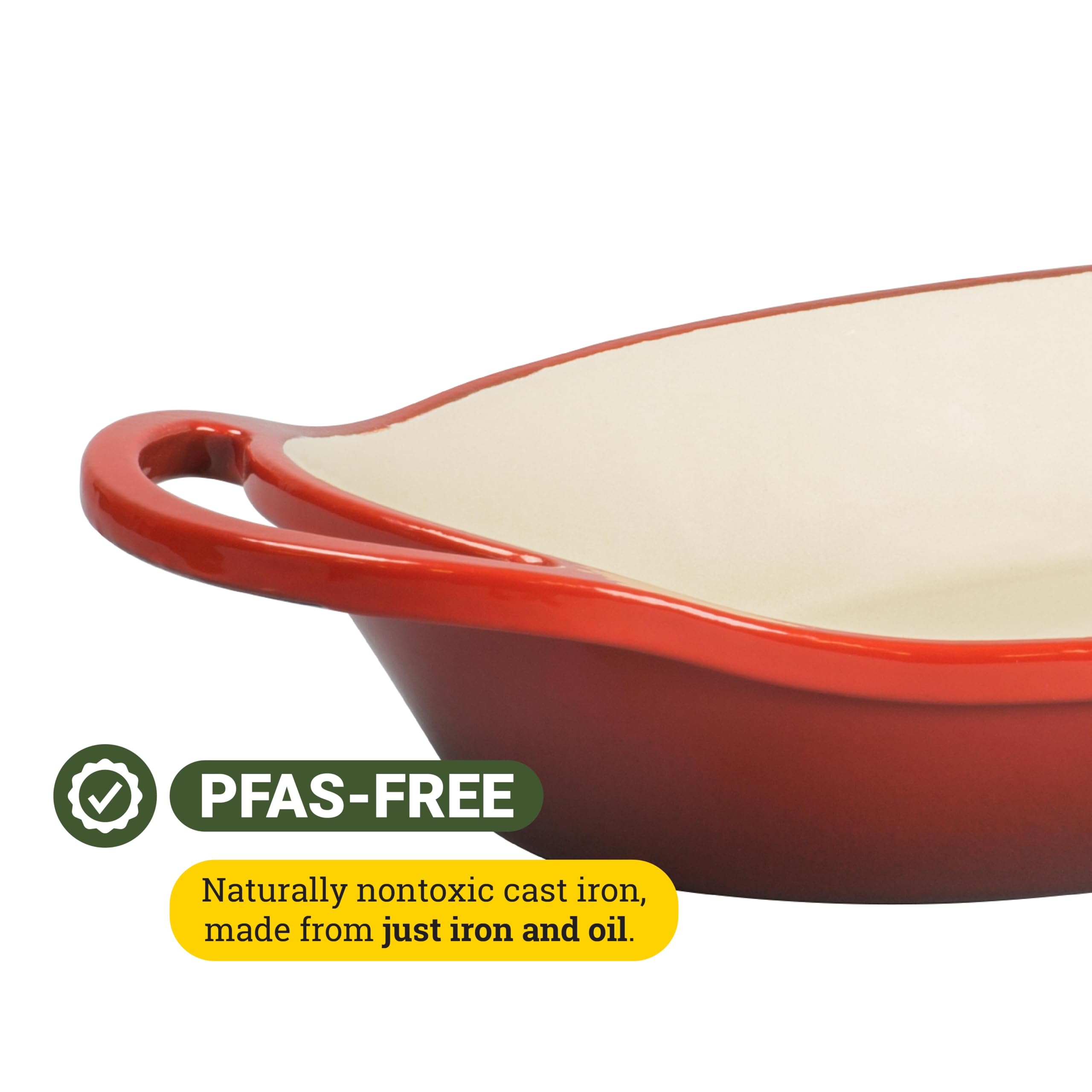Lodge oven-safe red casserole on stovetop, versatile for simmering and sautéing.