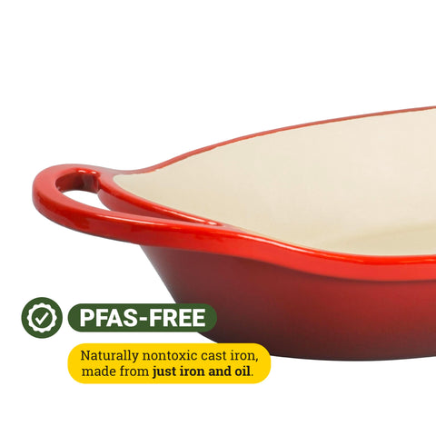 Lodge oven-safe red casserole on stovetop, versatile for simmering and sautéing.