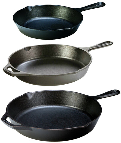 Lodge seasoned cast iron three-skillets set, versatile sizes for searing, sautéing, and roasting.