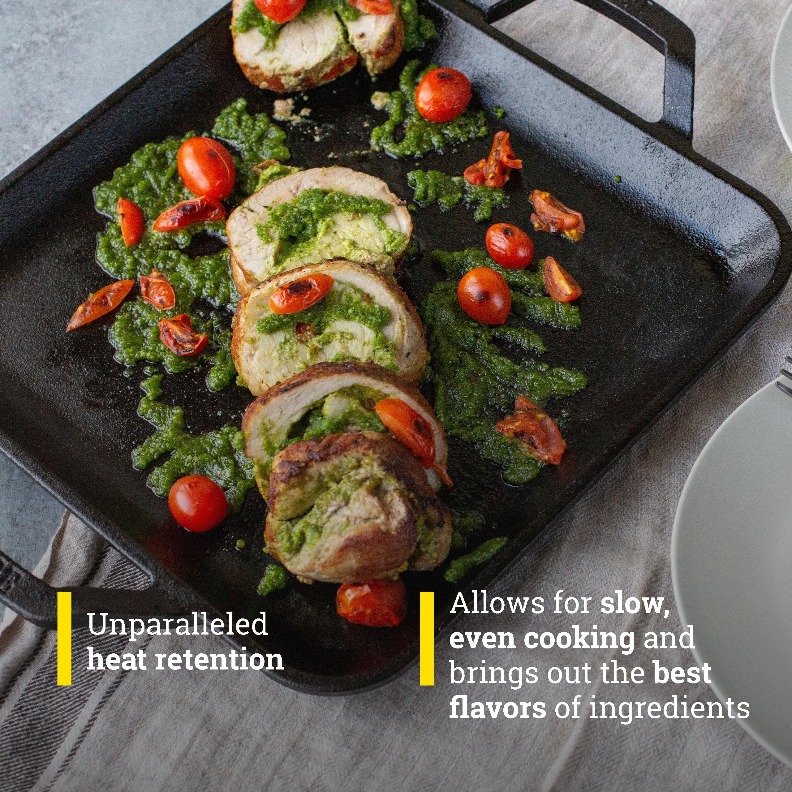 Lodge square griddle with dual handles close-up for easy handling.