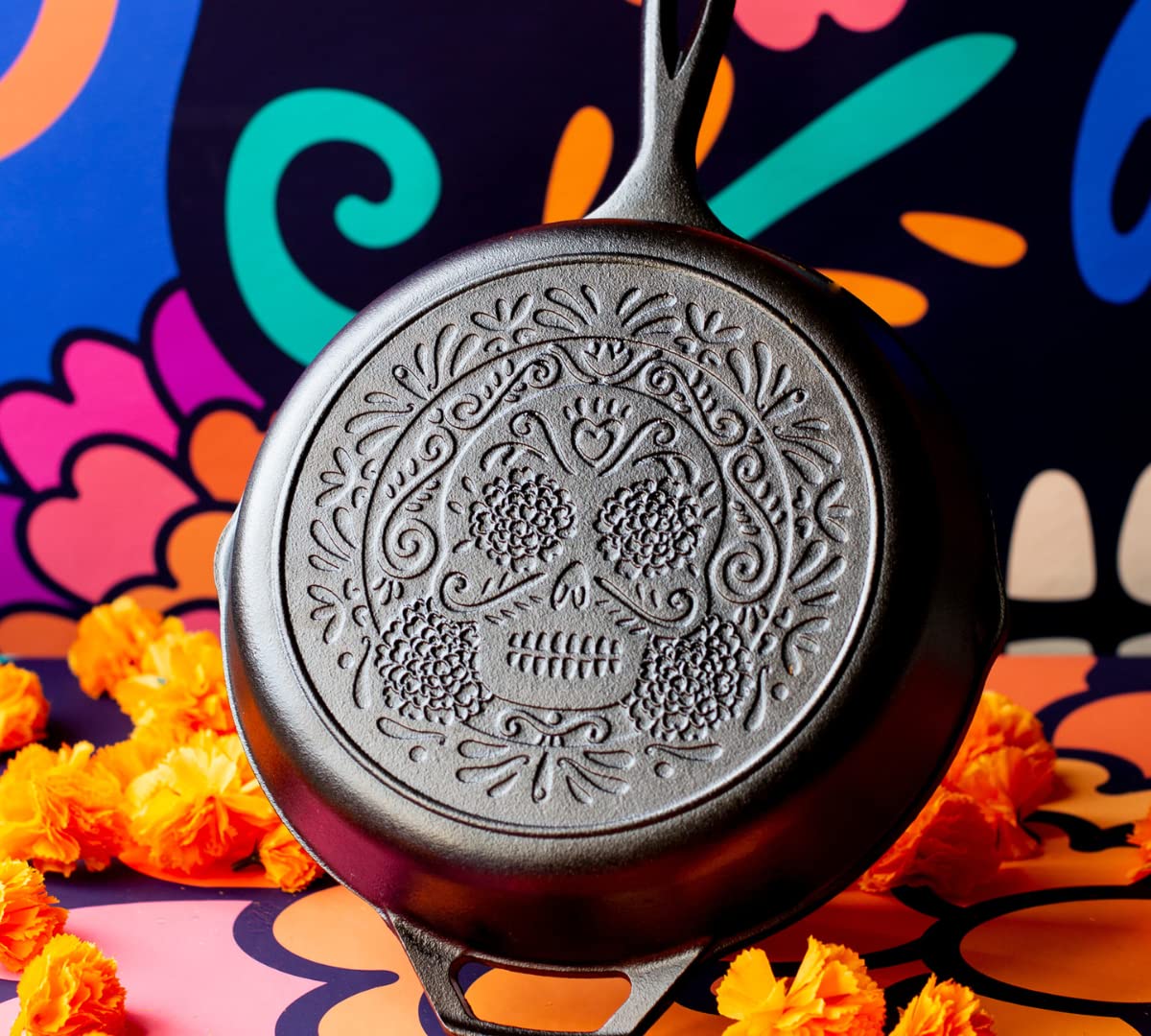 Lodge Sugar Skull skillet shown for oven, stove, or grill use.